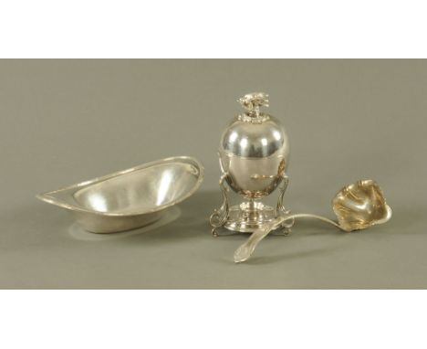 An Asprey's plated fruit dish, together with an egg coddler and punch ladle.