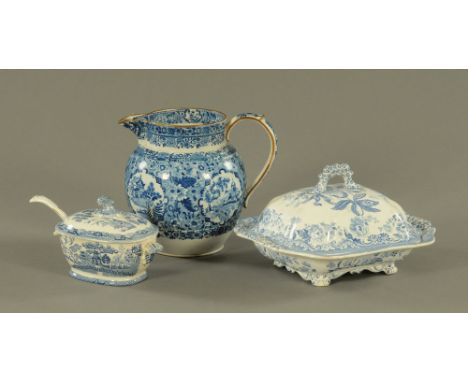 A large 19th century blue and white transfer printed jug, with chinoiserie and foliate pattern.  Height 21.5 cm, width 24 cm,