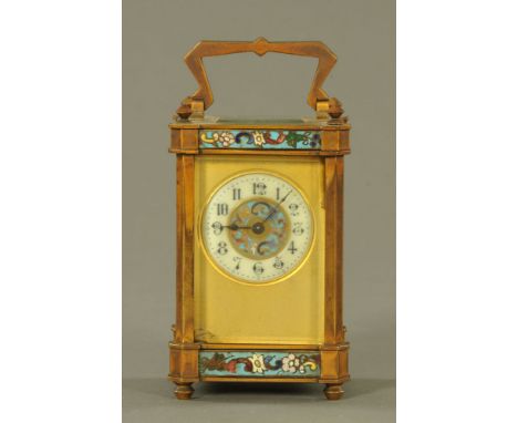 An early 20th century Champleve enamel carriage clock, timepiece only and with Arabic numerals to the chapter ring.  Height e