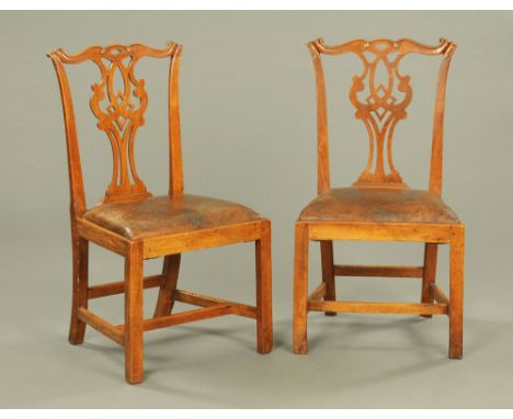 A pair of Georgian country Chippendale style fruitwood chairs, each with pierced splat back and drop in seat.  Height to top 