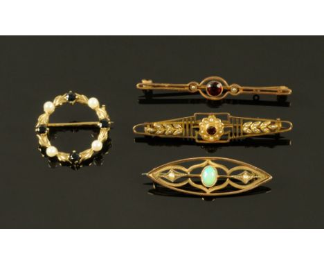 A 9 ct gold pearl and sapphire circular brooch, and three other gold coloured metal bar brooches, one set with seed pearls an