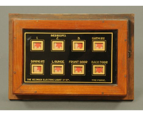 A Victorian mahogany cased servants bell indicator, by the Keswick Electric Light Co Ltd.  Mounted on a board.  Dimensions 27