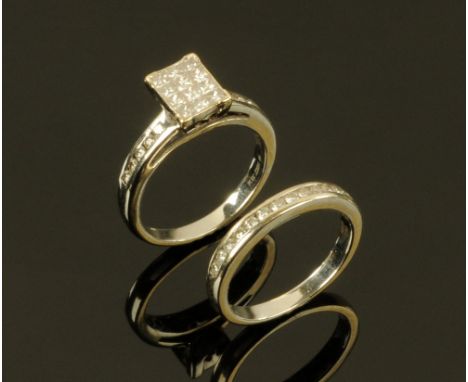 An 18 ct white gold and diamond bridal set, comprising half eternity ring and pave set engagement ring.  Ring Size L/M, gross