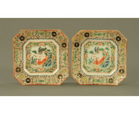 A pair of Cantonese square form small plates, with canted angles.  Length 13.5 cm. CONDITION REPORT: Both plates are structur