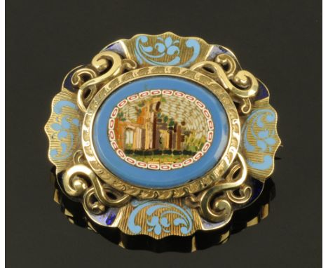 A 19th century gold coloured metal mourning brooch, with micro mosaic and enamel grand tour decoration.  50 mm x 45 mm, 38 gr