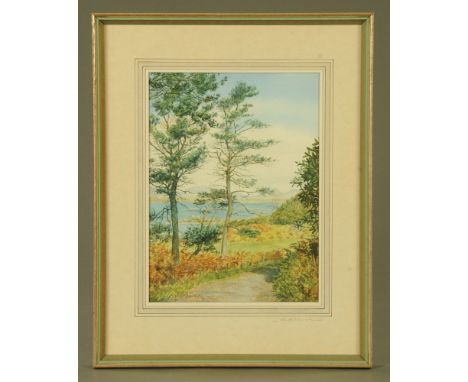 Jill M Aldersley, watercolour coastal path.  31 cm x 23 cm, framed, signed.