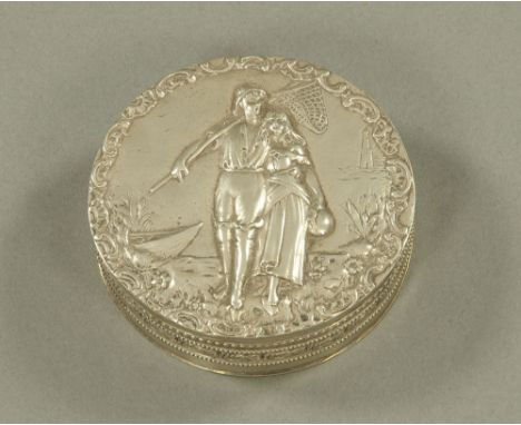 A 19th century continental white metal circular lidded trinket box, the lid embossed with Fisher couple.  3 cm high, 10 cm di