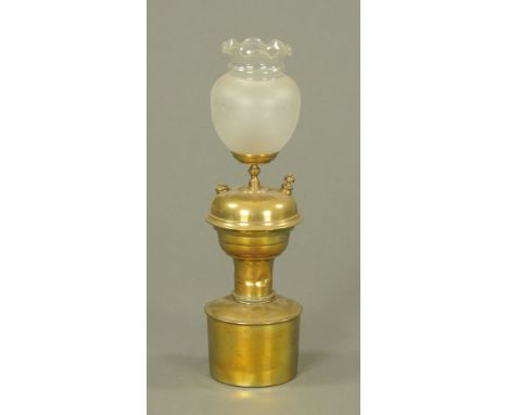 A Victorian brass "Dargue Patent" table oil lamp No. 26634/11, with etched glass shade for same.  46 cm high.