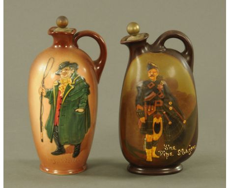 A Royal Doulton Dewar's Whisky flask "The Pipe Major", and another similar "Tony Weller".  Each height 23 cm.