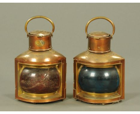 A pair of Victorian copper and brass ships port and starboard lamps, inset respectively with blue and red convex glass.  Each