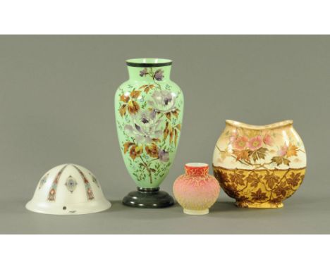 A Victorian green glass vase, hand painted with flowers, together with a Queens Burmese style squat vase, a Czechoslovakian g