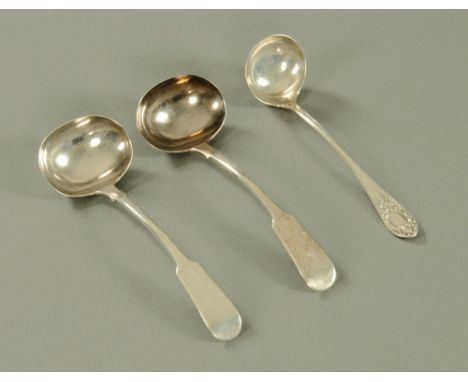 A pair of Victorian silver sauce ladles 1863, maker George Edward & Sons.  Length 19 cm, together with another Victorian sauc