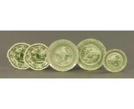 Five pieces of 19th century green and white transfer printed wares, Copeland &amp; Garrett late Spode Bologne patterned plate