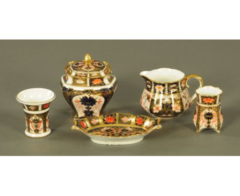 Five pieces of Royal Crown Derby Imari patterned wares, including caddy, jug, bowl and two vases.  Tallest 10.5 cm.