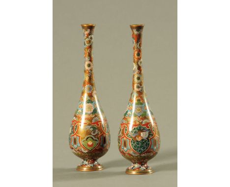 A pair of late 19th/early 20th century Chinese Qing dynasty baluster shaped cloisonne vases, with slender elongated necks.  2