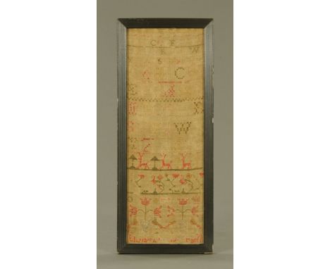 A 19th century sampler, rectangular form, alphabet, animals, plants.  53 cm x 19 cm.