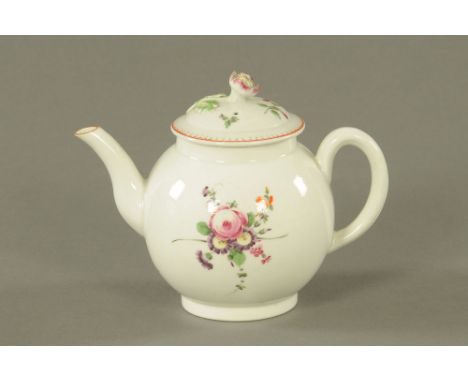 An 18th century Lowestoft porcelain teapot, with rare floral knop and painted with floral sprays.  13 cm high. CONDITION REPO