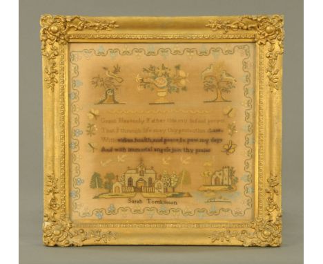 A 19th century sampler, Sarah Tomkinson, church, castle, script, birds.  35.5 cm x 37 cm, in gilt frame.