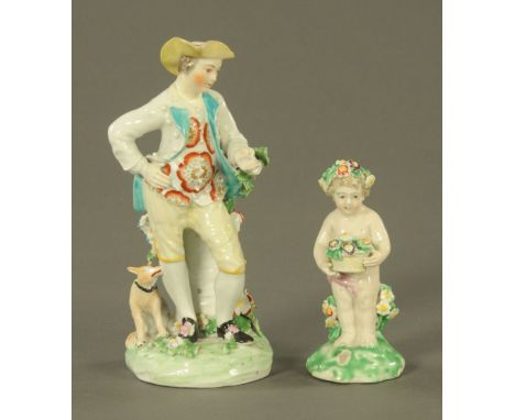 Two 19th century Derby figures, gentleman with dog at foot and Putto figure, each with patch marks to base.  Tallest 16.5 cm.