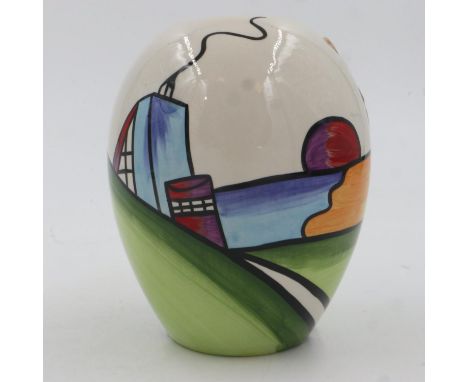 Lorna Bailey bulbous vase in the Deco House pattern, no cracks or chips, H: 15 cm. UK P&amp;P Group 2 (£20+VAT for the first 