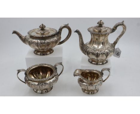 William Eaton Georgian hallmarked silver four piece tea service comprising, teapot, sugar bowl, milk jug and hot water pot, e