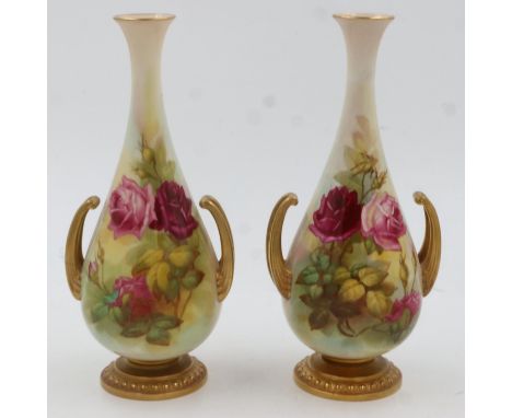 Pair of Royal Worcester vases signed F. Harper, H: 29 cm. Appear to be in good order, no issues noted. UK P&amp;P Group 2 (£2