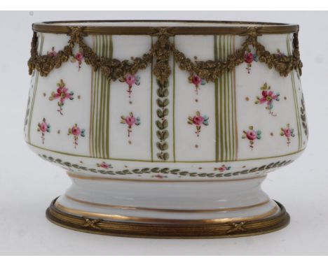 An early 20th century Severs porcelain box painted and gilt with brass mounts, lacking cover, L:13cm. UK P&amp;P Group 1 (£16