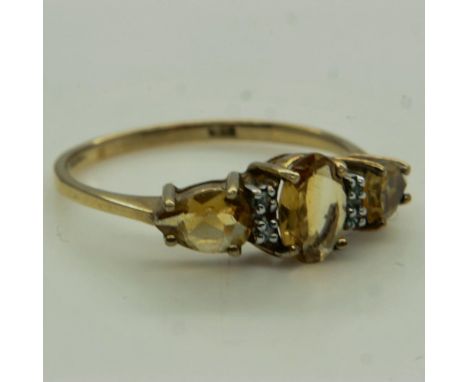 9ct gold ring, set with one oval and two pear shape citrines, size U, 2.2g. UK P&amp;P Group 0 (£6+VAT for the first lot and 