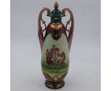 A large Vienna porcelain covered vase decorated with figural panels and gilt, H:38cm, some loss of gilt, mainly to handles. U