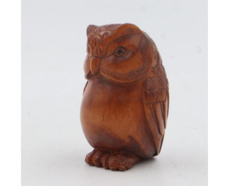 Carved boxwood Netsuke in the form of an owl, with signature. UK P&amp;P Group 1 (£16+VAT for the first lot and £2+VAT for su