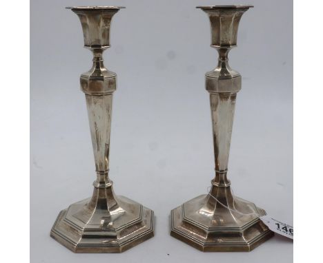 Fenton Russell and Co: a pair of George V hallmarked silver candlesticks, each H:26cm (weighted). UK P&amp;P Group 2 (£20+VAT