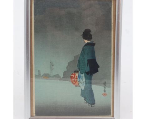 Evening Stroll, in the manner of Hiroshige IV, by Takahashi Shotei (1871-1945) Japanese woodblock print, with good colouratio