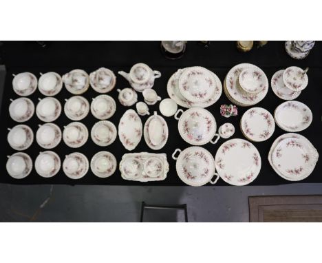 Comprehensive Royal Albert tea and dinner service, in the Lavender Rose pattern, an eight-place setting with additional piece