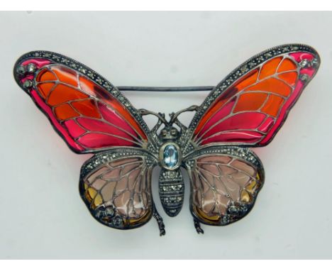 925 silver, marcasite and coloured glass butterfly brooch. UK P&amp;P Group 0 (£6+VAT for the first lot and £1+VAT for subseq