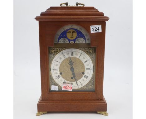 German mantel clock with moon phase dial and three different chimes, H: 45 cm, L: 26 cm, mechanical movement sealed, working 
