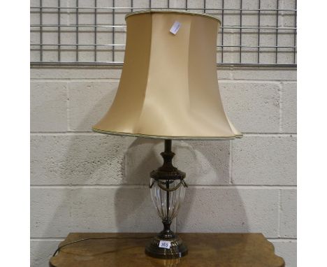 A modern brass mounted cut glass table lamp, of classical design, with shade, overall H: 83 cm. All electrical items in this 