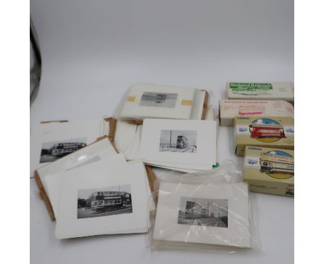 Case containing tram photographs, two Blackpool trams and two Corgi trams. Without case UK P&amp;P Group 2 (£20+VAT for the f