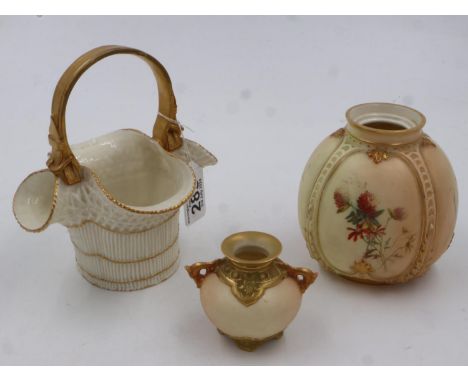 Royal Worcester bulbous jar and smaller example, both lacking covers, and a basket with repaired damages, largest H:16cm (3).