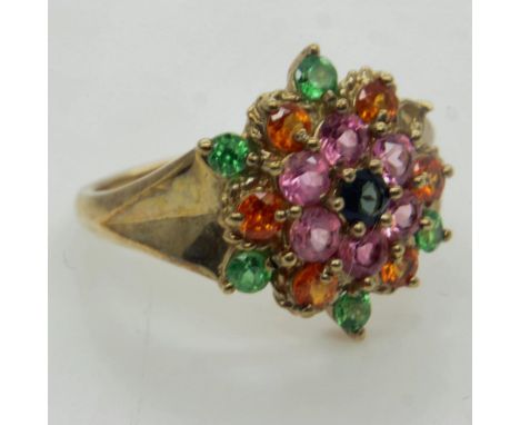 9ct gold dress ring, set with multi-coloured stones, one stone missing, size S, 4.5g. UK P&amp;P Group 0 (£6+VAT for the firs