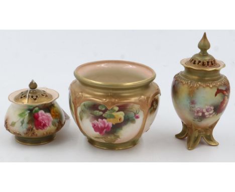 A Royal Worcester miniature covered urn, the body decorated with fruit and flora, H:13cm, repaired chip to rim of cover, poss