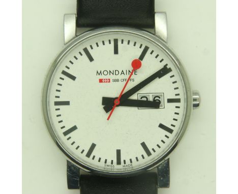 MONDAINE: Swiss Railway gents wristwatch, boxed with paperwork, working at lotting. UK P&amp;P Group 1 (£16+VAT for the first