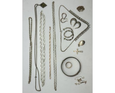 Quantity of silver jewellery, including a snap bangle, chains, earrings, locket and watch chains etc. UK P&amp;P Group 1 (£16