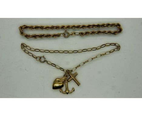 Two 9ct gold bracelets, one with a trio of charms Faith, Hope &amp; Charity, combined 4.9g, largest L: 14 cm. UK P&amp;P Grou
