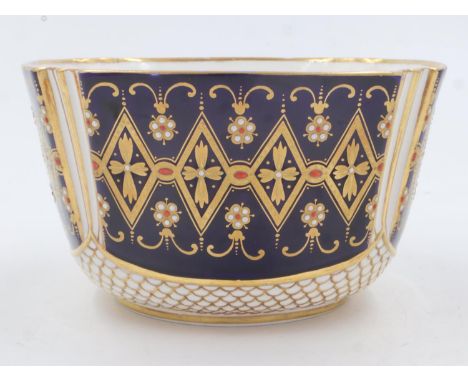 A Victorian Spode square form bowl enamelled and gilt against a cobalt blue ground, H:90mm, some losses to gilt on rim. UK P&