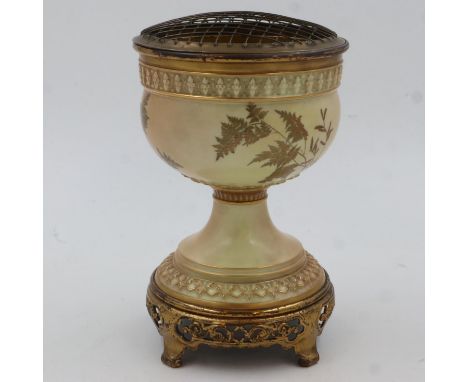 A large Royal Worcester pedestal pot pourris with lacquered brass base and bowl interior, H:27cm, no visible damages or repai