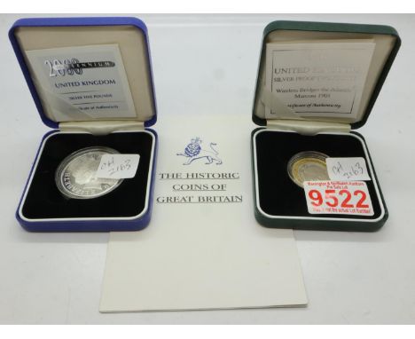 2000 Millennium cased silver five pound coin and a 2001 silver proof two pound coin, 'Wireless Bridges The Atlantic, Marconi 