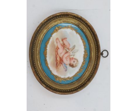 Limoges style oval painted plaque, 16 x 14 cm. UK P&amp;P Group 2 (£20+VAT for the first lot and £4+VAT for subsequent lots) 