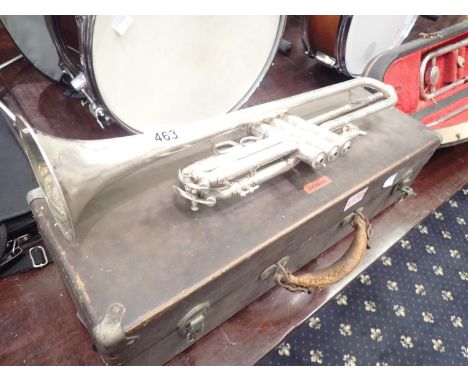 Henry Selmar Paris silver plated trumpet, circa 1935, in hard lined case. UK P&amp;P Group 2 (£20+VAT for the first lot and £