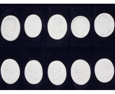 Ten Grand Tour style plaster cameos of Roman/Greek deities and leaders within a collectors box. UK P&amp;P Group 1 (£16+VAT f