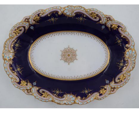 Copeland oval bowl, enamelled and gilt against a cobalt blue ground, for Osler designers London, L:29cm, no visible damages o